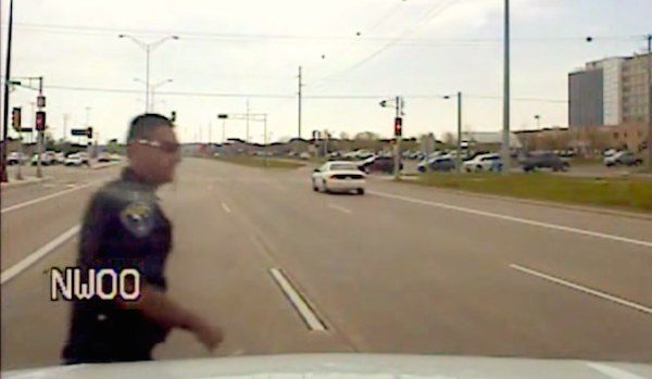 officer helps mother duck