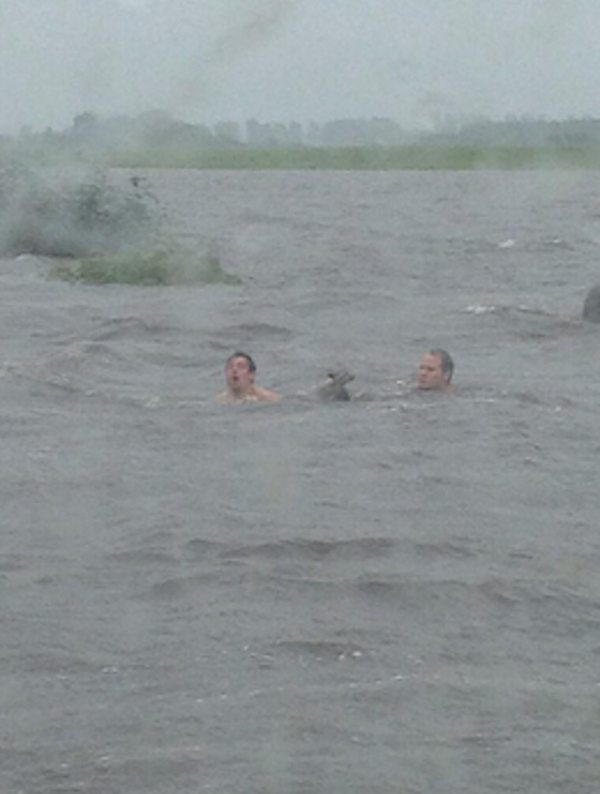 men brave floodwaters to save foxes
