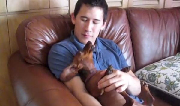 man sings with dachshund