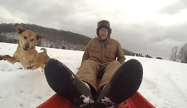 90 year old goes sledding