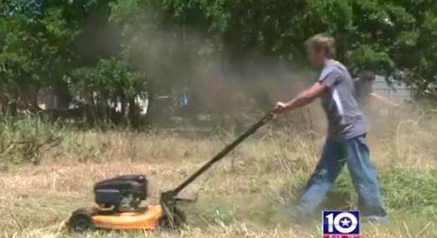 kids mowing lawn