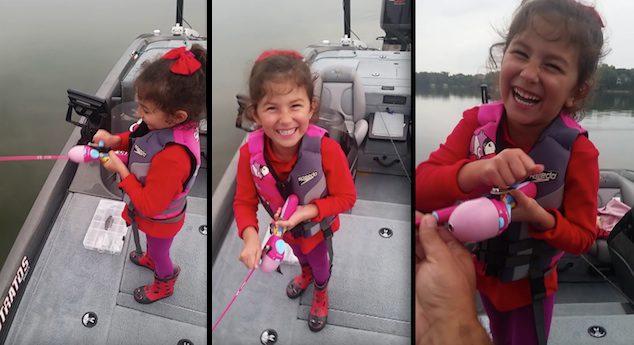 Proud Dad Cheers On His Daughter As She Catches Huge Bass With Her “Barbie” Fishing Rod