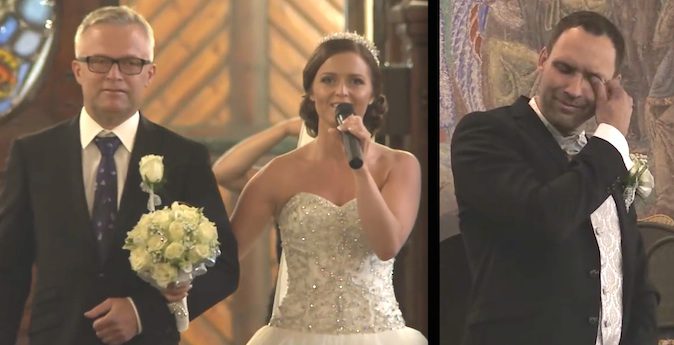 bride sings down aisle