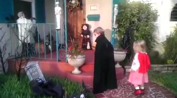 Awesome Little Sister Defends Her Brother From Scary Halloween Decoration