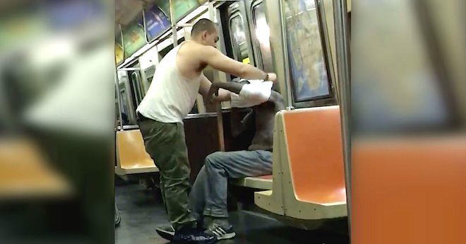 Caring Stranger Gives Shirt To A Homeless Man On Subway Train