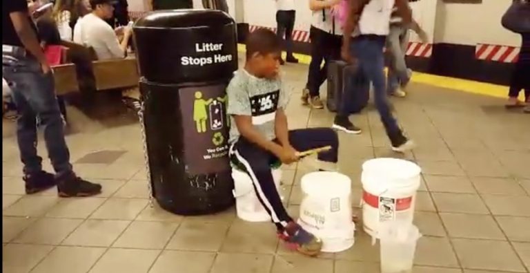 Talented Kid Puts On Epic Drum Performance Using Buckets At Subway Station