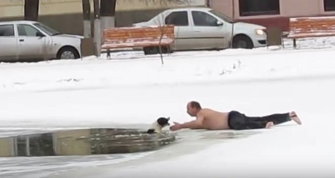 Brave Man Runs Onto Icy Pond With No Shoes Or Shirt To Save Drowning Dog