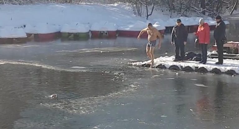 Brave Man Jumps Into Frozen Pond To Save Drowning Dog