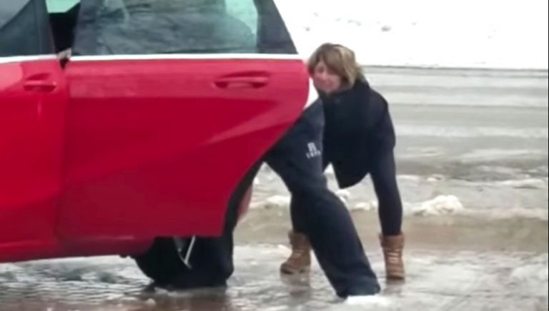 daughter on slippery driveway