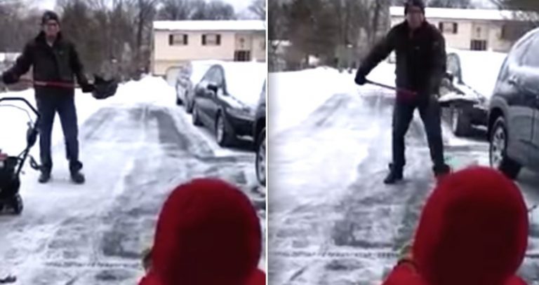 Little Girl Sees Her Dad Shoveling Snow And Becomes His Biggest Fan