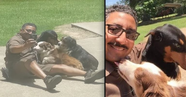 Cheerful UPS Delivery Man Poses For Selfie With Dogs On His Route