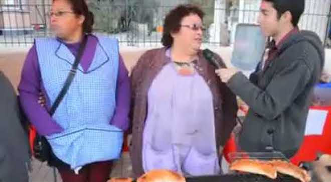 dog steals food from vendor