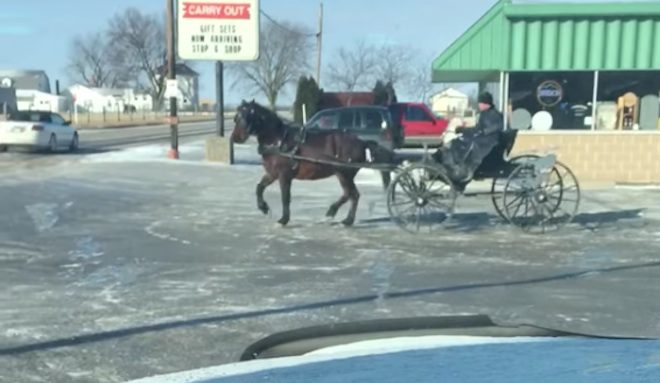 Woman Catches Amish Man Having Fun On The Ice With His Horse