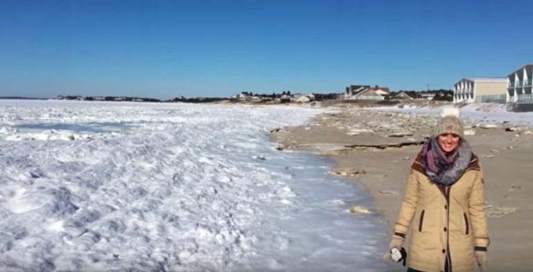 Incredible Footage Shows The Ocean Frozen Over On Massachusetts Beach