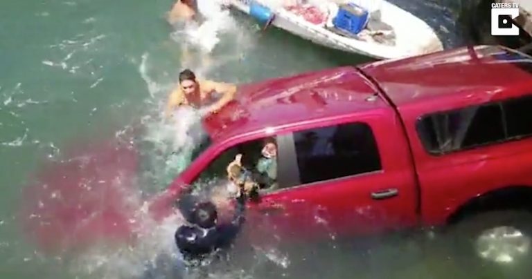 Family And Dog Rescued From Sinking Truck That ‘Flew’ Off Dock