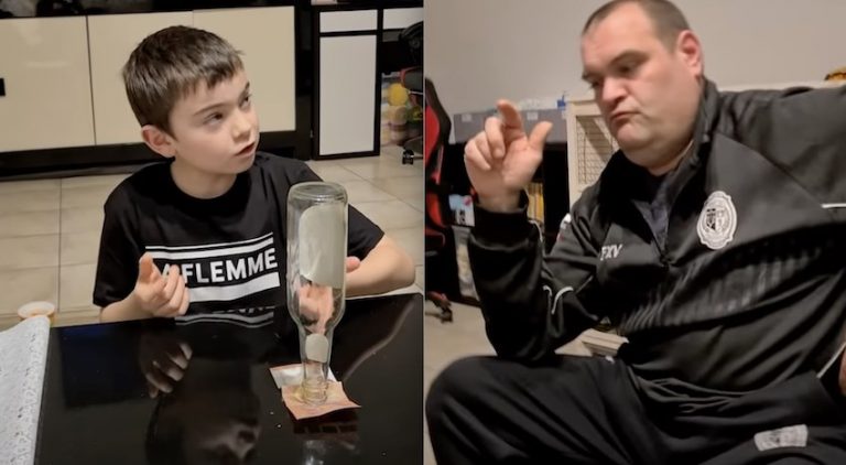 Boy Outsmarts Dad After Betting Him He Can Pull Money Bill Out From Under Bottle Without Touching It