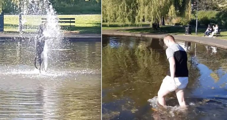 Man Has To Wade Into Dirty Pond To Get His Naughty Dog