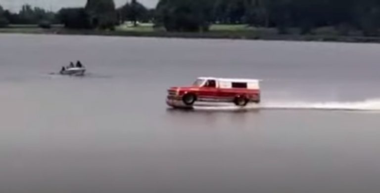 Farm Truck Turned Into Race Boat Speeds Across Lakes