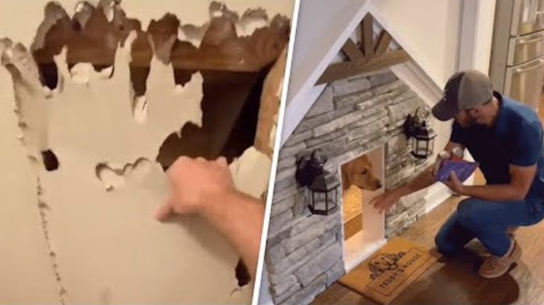 man makes dog house under stairs