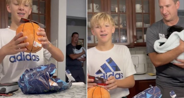 boy surprised with puppy