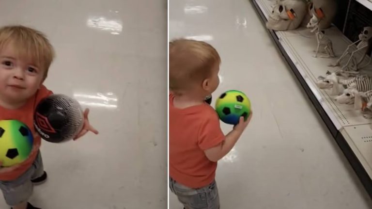 2-Year-Old Boy Reacts to Skeleton Puppy Halloween Decorations