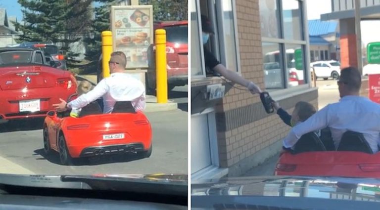 Boy Takes His Dad To Tim Hortons In His Toy Car