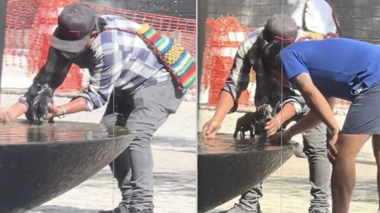 man washes puppy in fountain