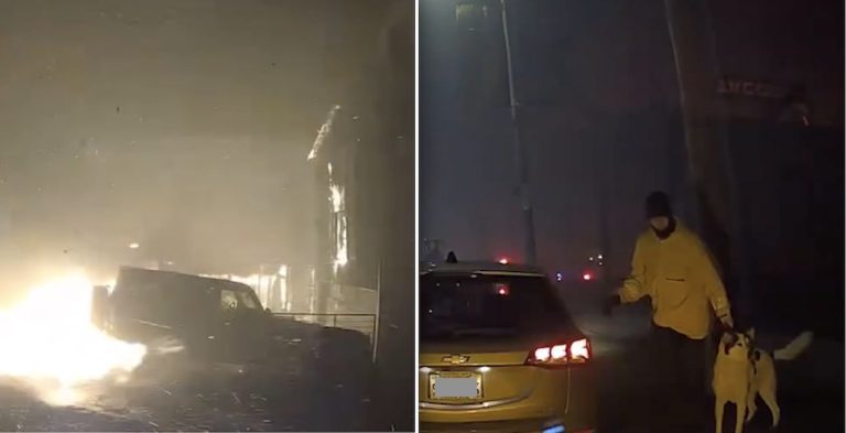 man helps woman flee burning home with her four dogs