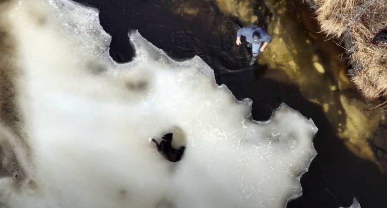 thermal drone locates dog on icy river