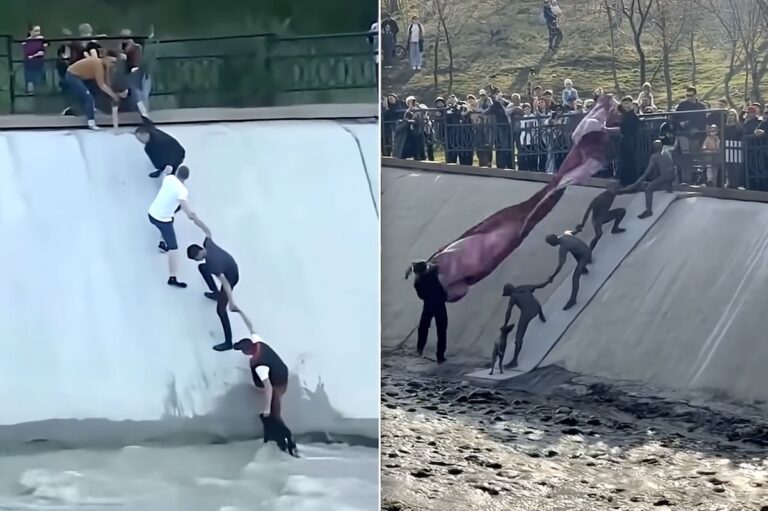 Strangers Who Came Together In Human Chain To Rescue Dog Immortalized In Sculpture